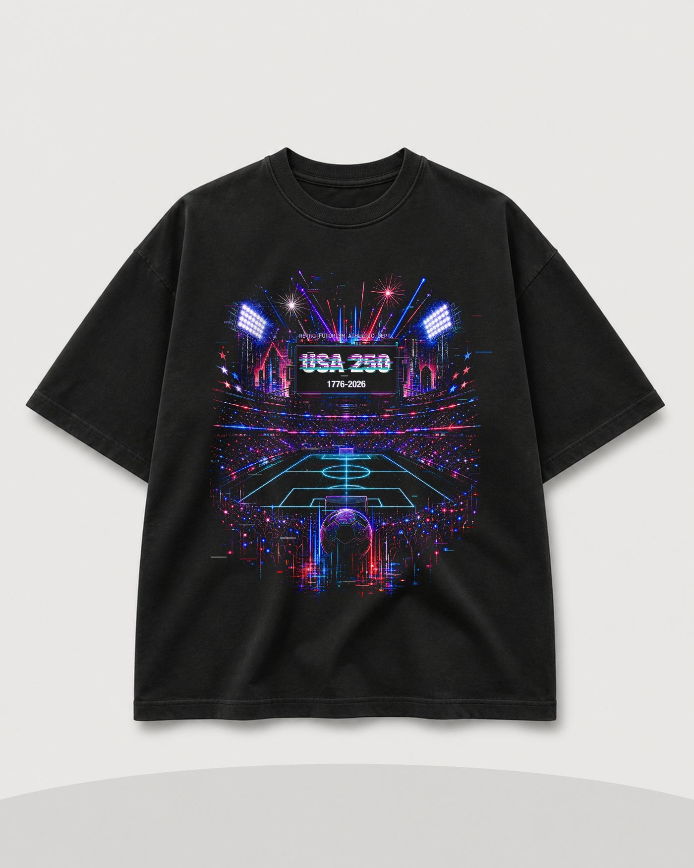 Home Signal 250 Tee black front mockup with neon stadium 250 graphic