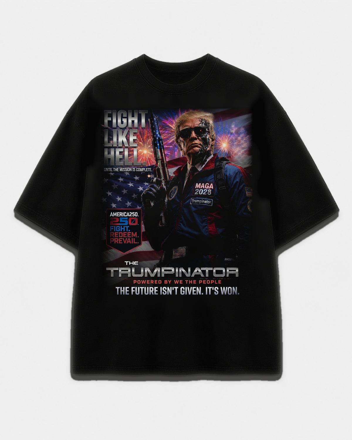 Trumpinator Tee front graphic with unauthorized retro-future parody poster design