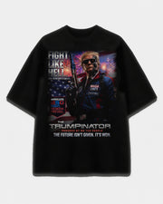 Trumpinator Tee front graphic with unauthorized retro-future parody poster design