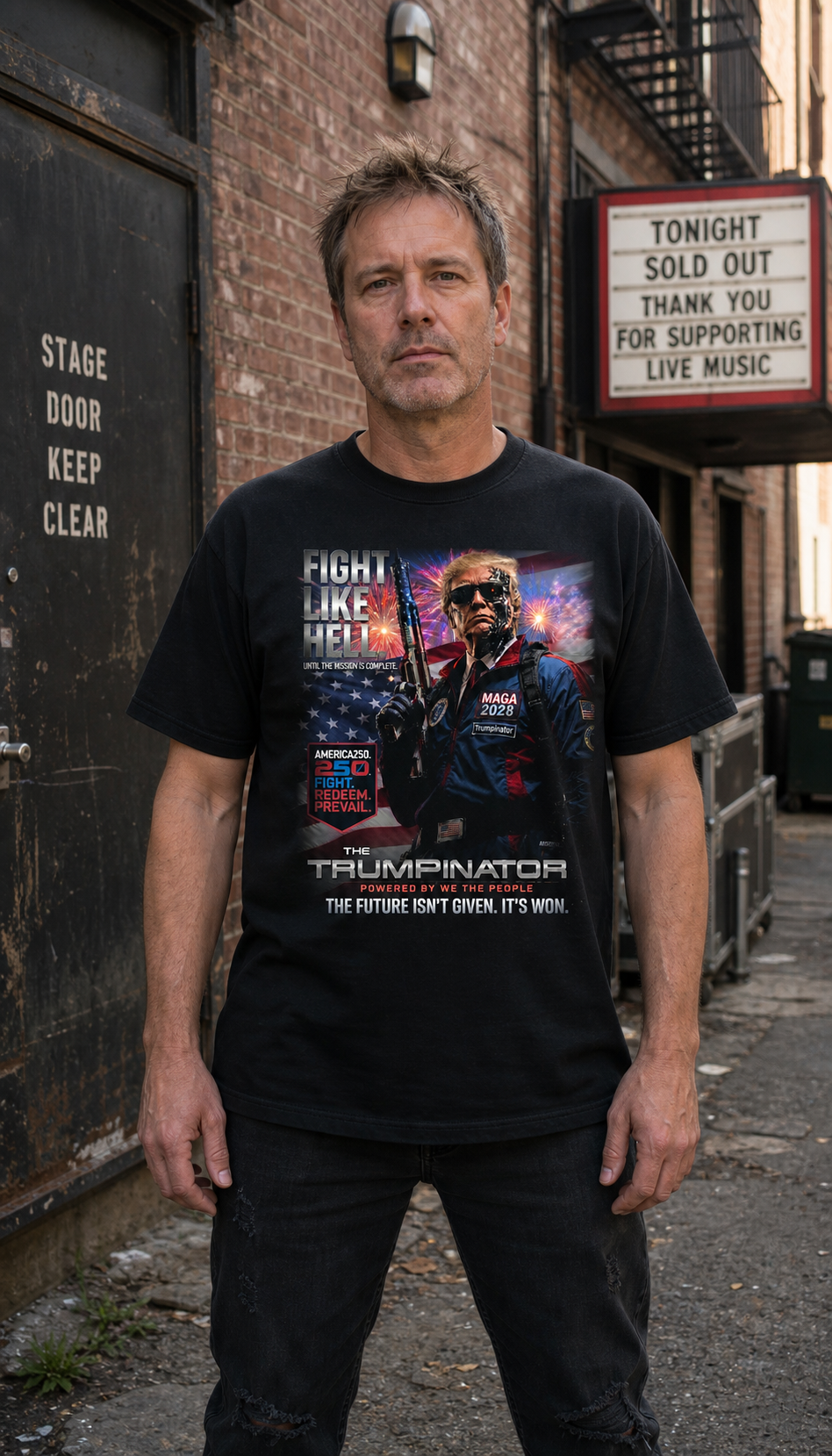 Trumpinator Tee model wearing the Black graphic tee